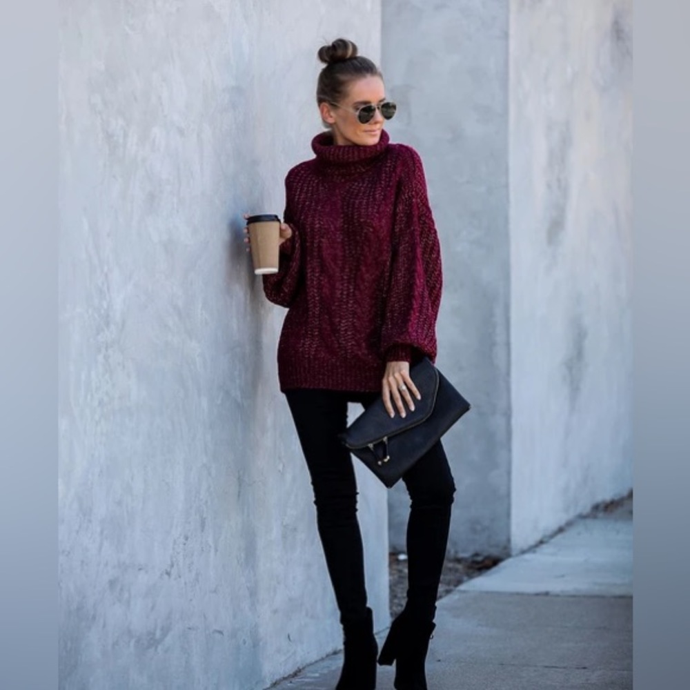 Vici Red, Red Wine Cowl Neck Cable Knit Sweater